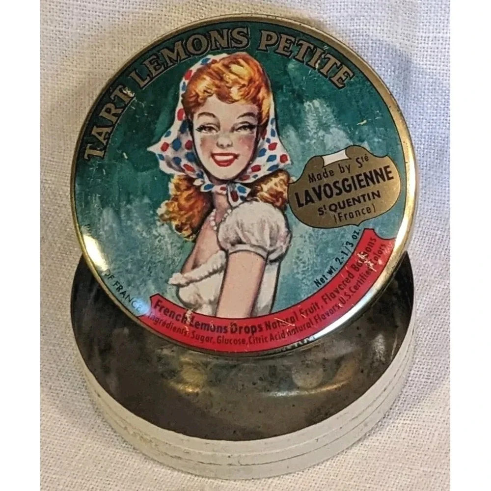 French Tart Advertising Tin Lemons La Vosgienne Petite Drops France Trinket Vtg